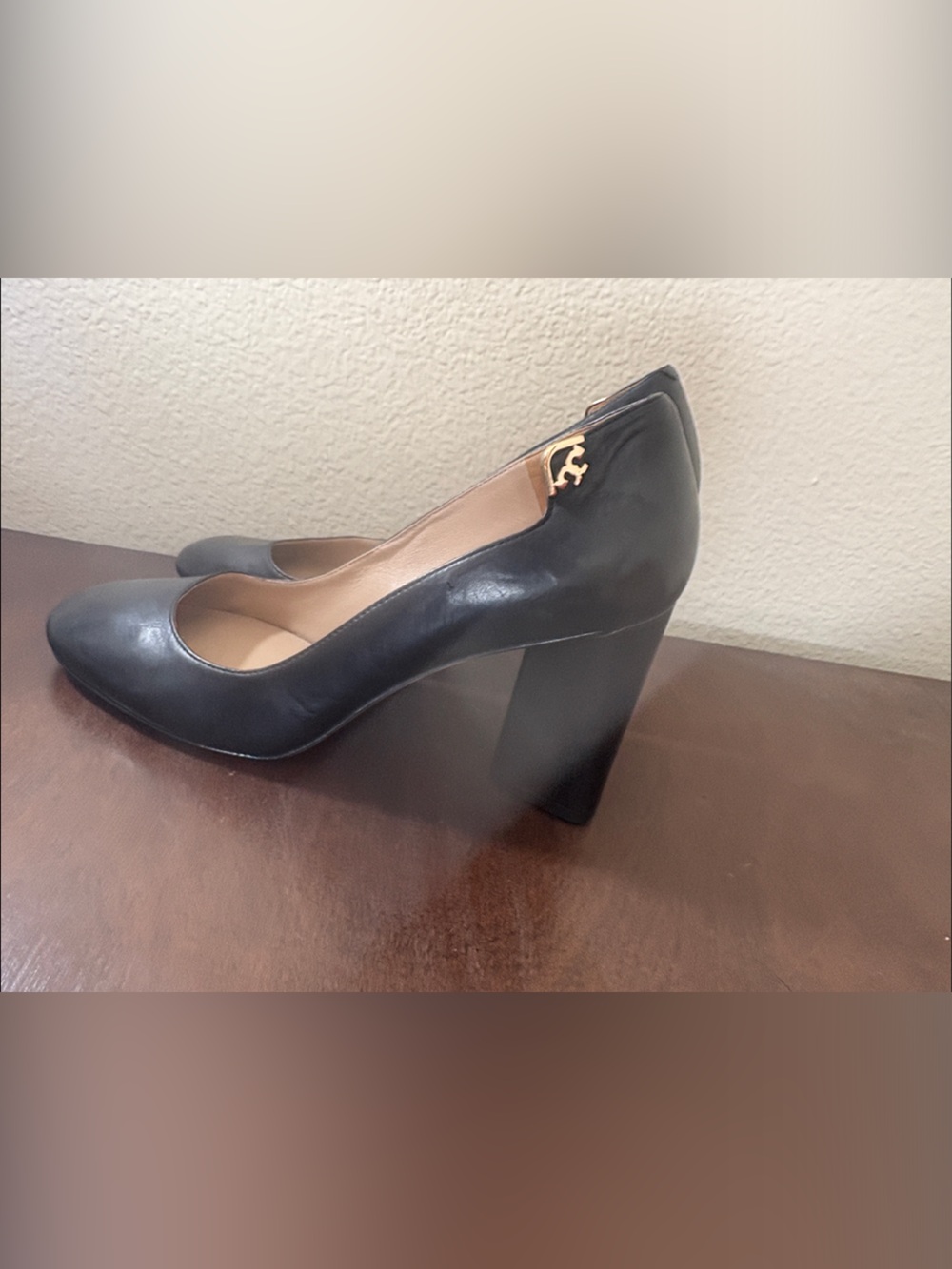 Tory Burch Black Leather Round-Toe Heels with Gold Accent - Picture 5 of 8